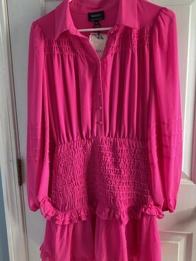 Bardot Hot Pink Long Sleeve Smocked Mini Dress